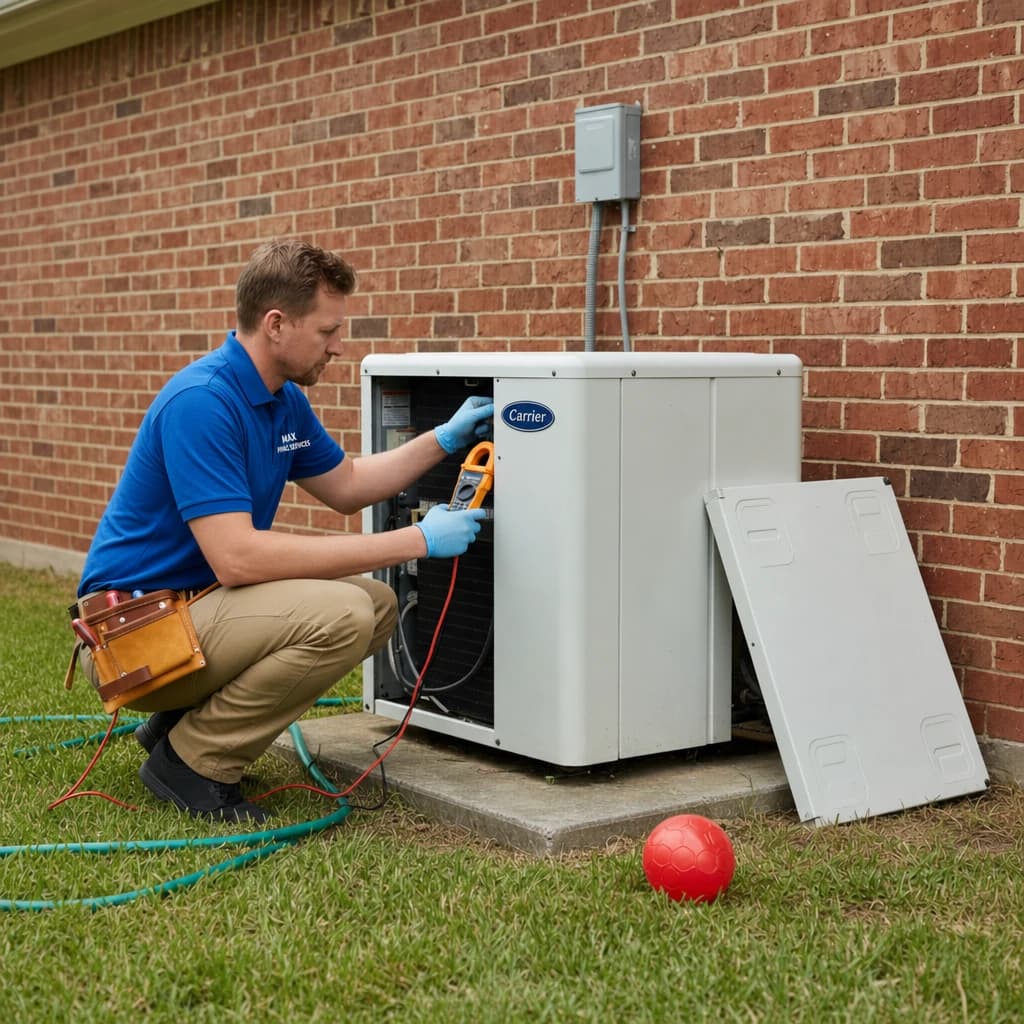 Max HVAC technician repairing AC condenser in Houston