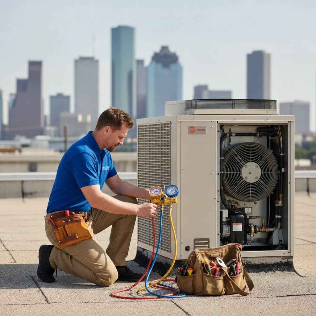 Max HVAC commercial technician servicing a rooftop unit at a Houston business